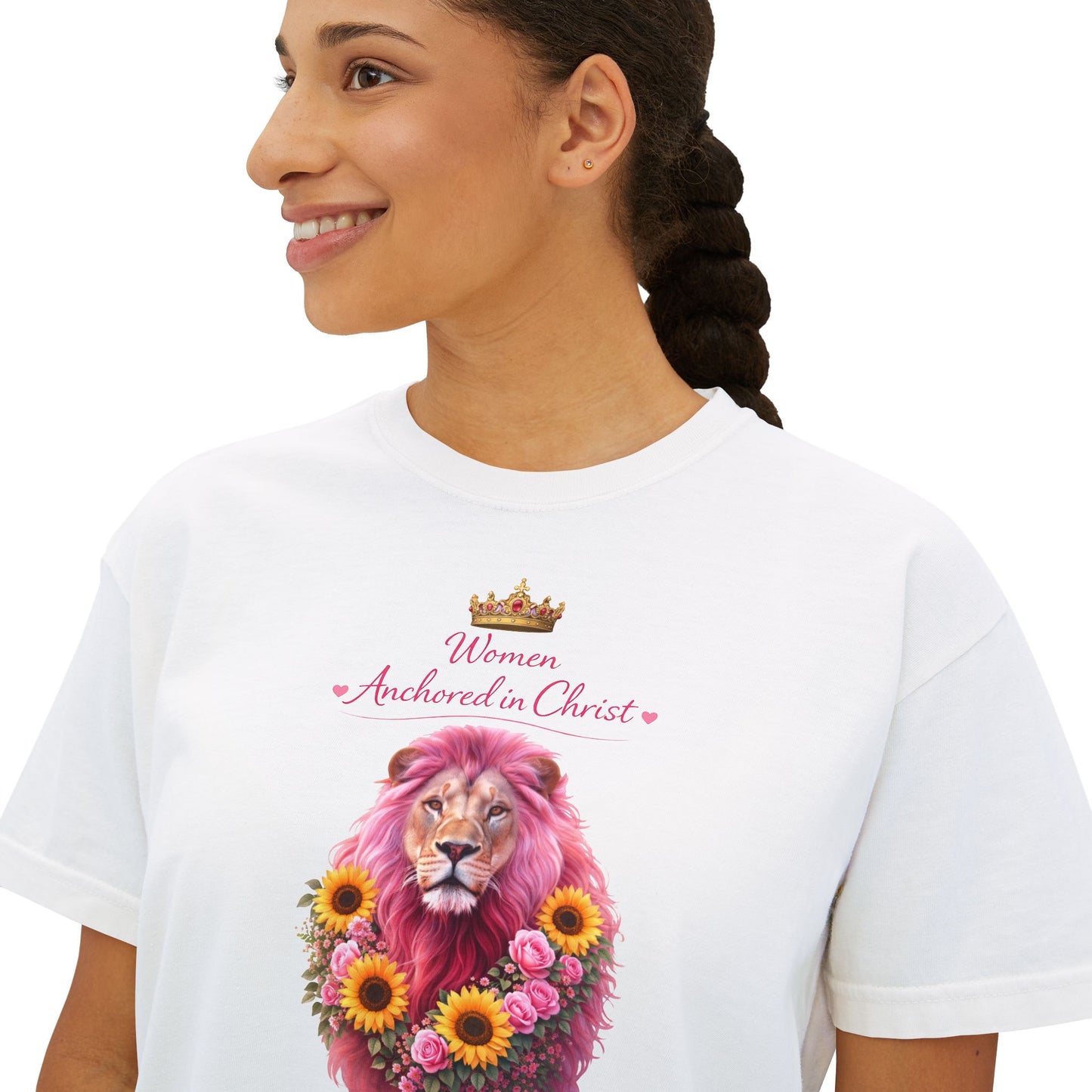 Women's Boxy Tee — 'Woman Anointed & Chosen' Floral Lion Christian Tee (Hebrews 6:19)