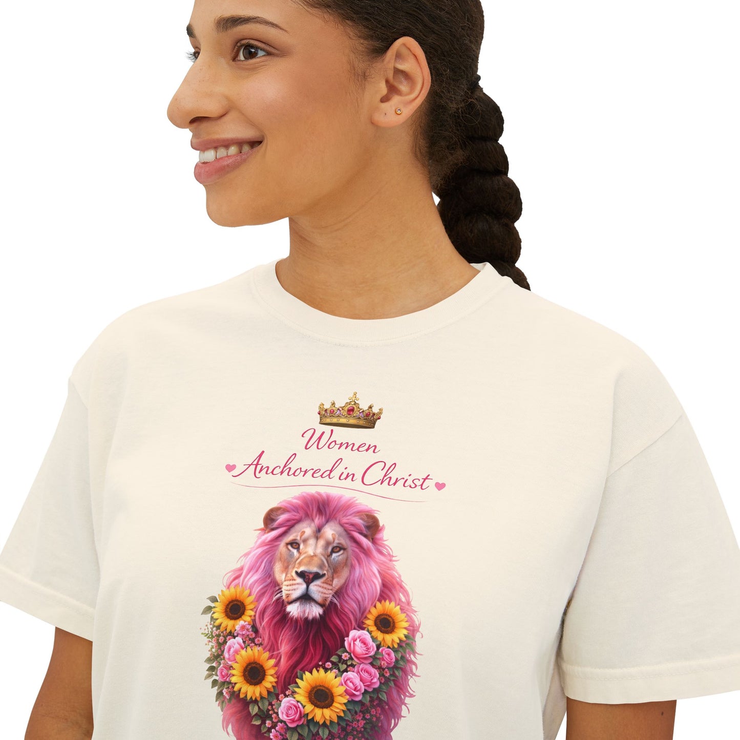 Women's Boxy Tee — 'Woman Anointed & Chosen' Floral Lion Christian Tee (Hebrews 6:19)