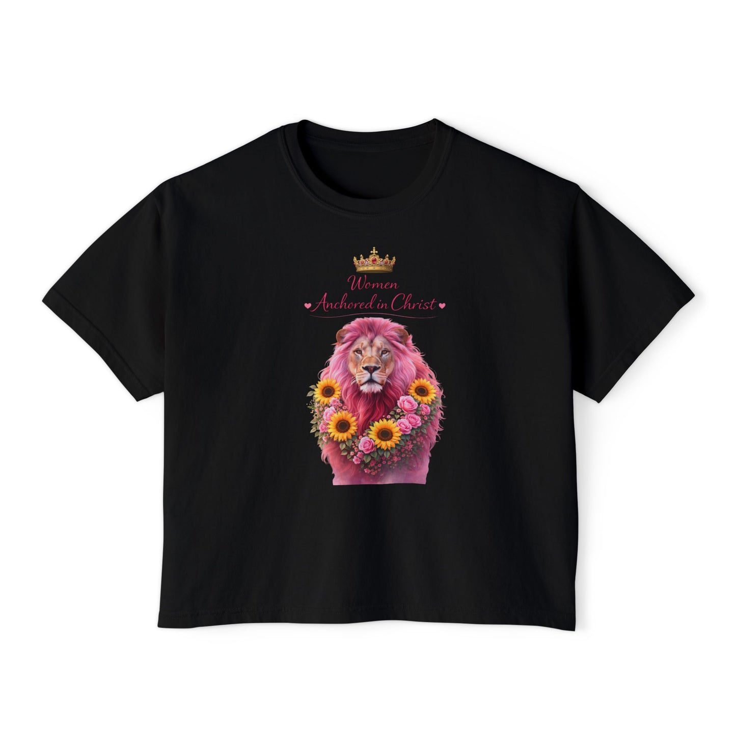 Women's Boxy Tee — 'Woman Anointed & Chosen' Floral Lion Christian Tee (Hebrews 6:19)