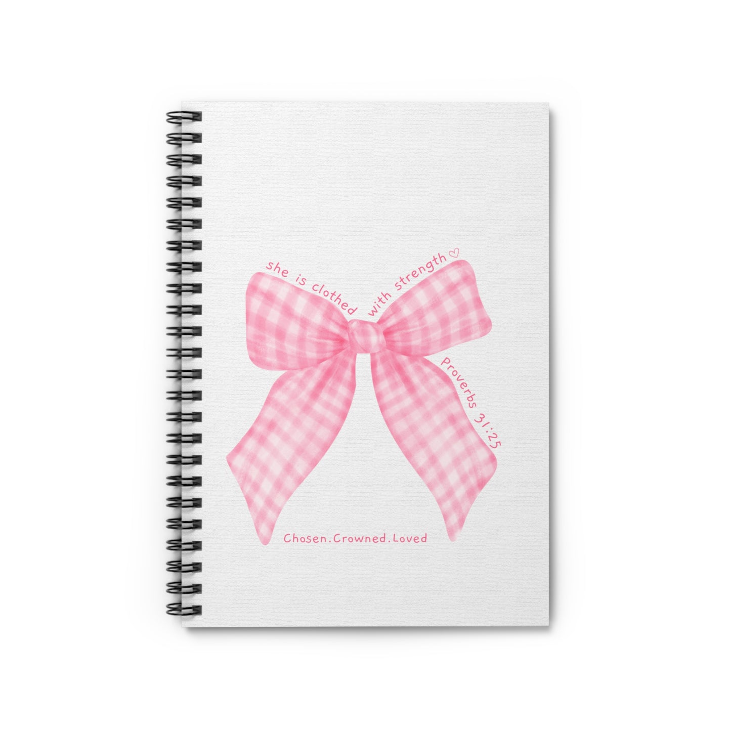 Pink Gingham Bow Spiral Notebook — "Chosen, Crowned, Loved" Christian Journal