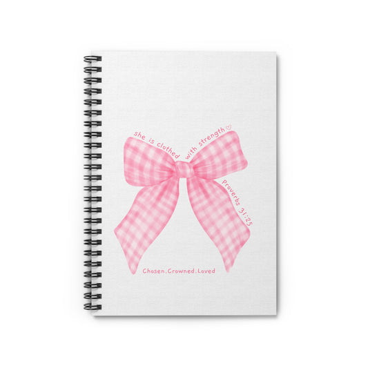 Pink Gingham Bow Spiral Notebook — "Chosen, Crowned, Loved" Christian Journal