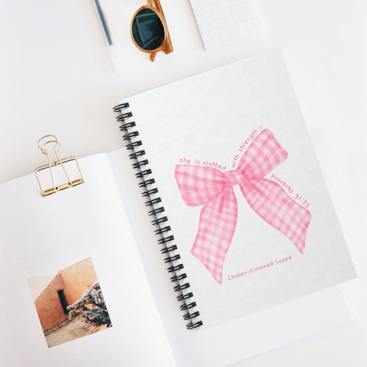 Pink Gingham Bow Spiral Notebook — "Chosen, Crowned, Loved" Christian Journal