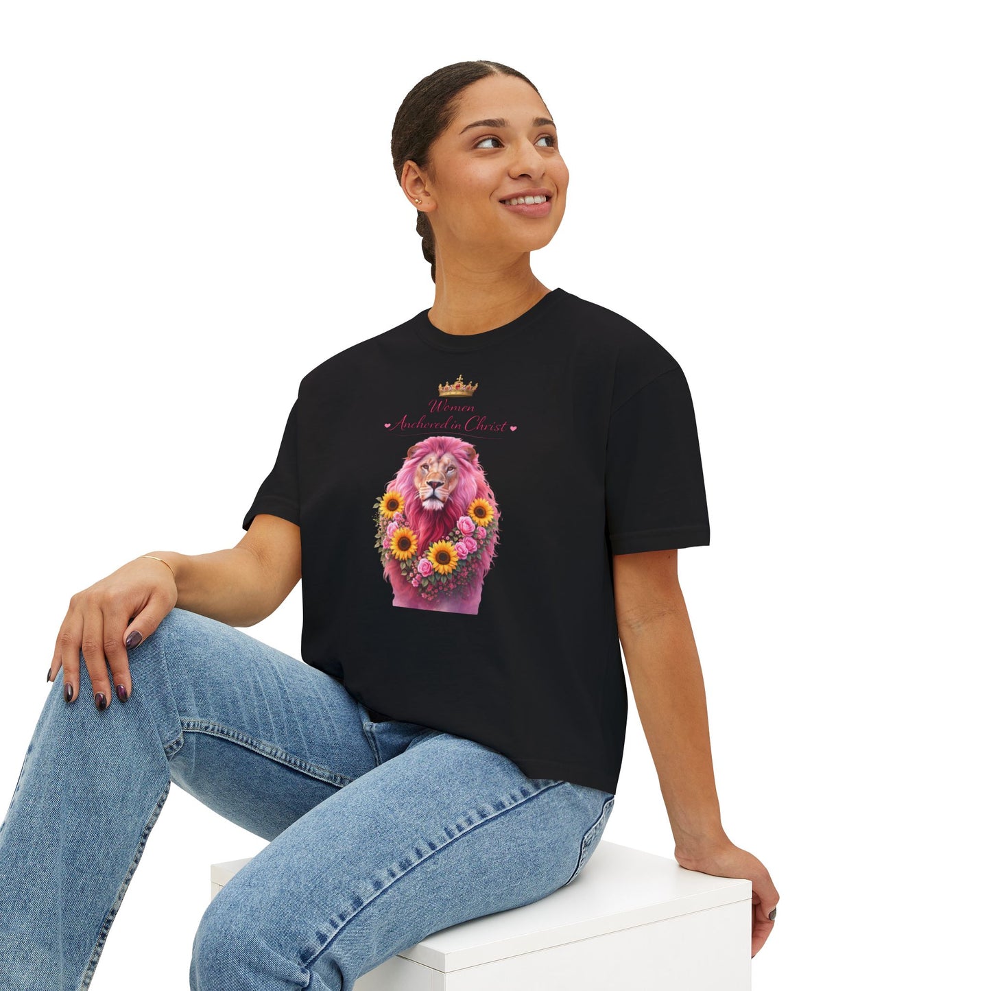 Women's Boxy Tee — 'Woman Anointed & Chosen' Floral Lion Christian Tee (Hebrews 6:19)