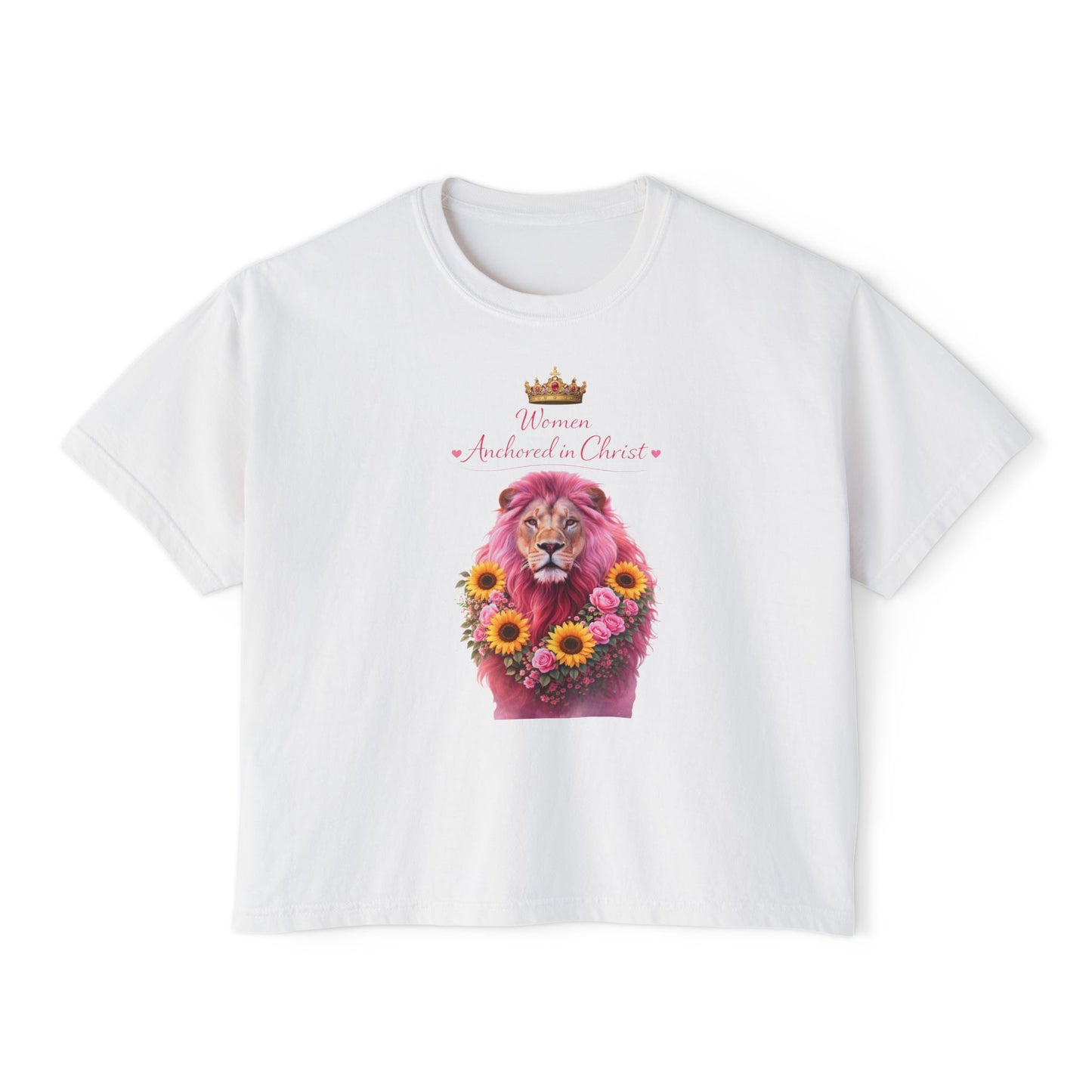 Women's Boxy Tee — 'Woman Anointed & Chosen' Floral Lion Christian Tee (Hebrews 6:19)
