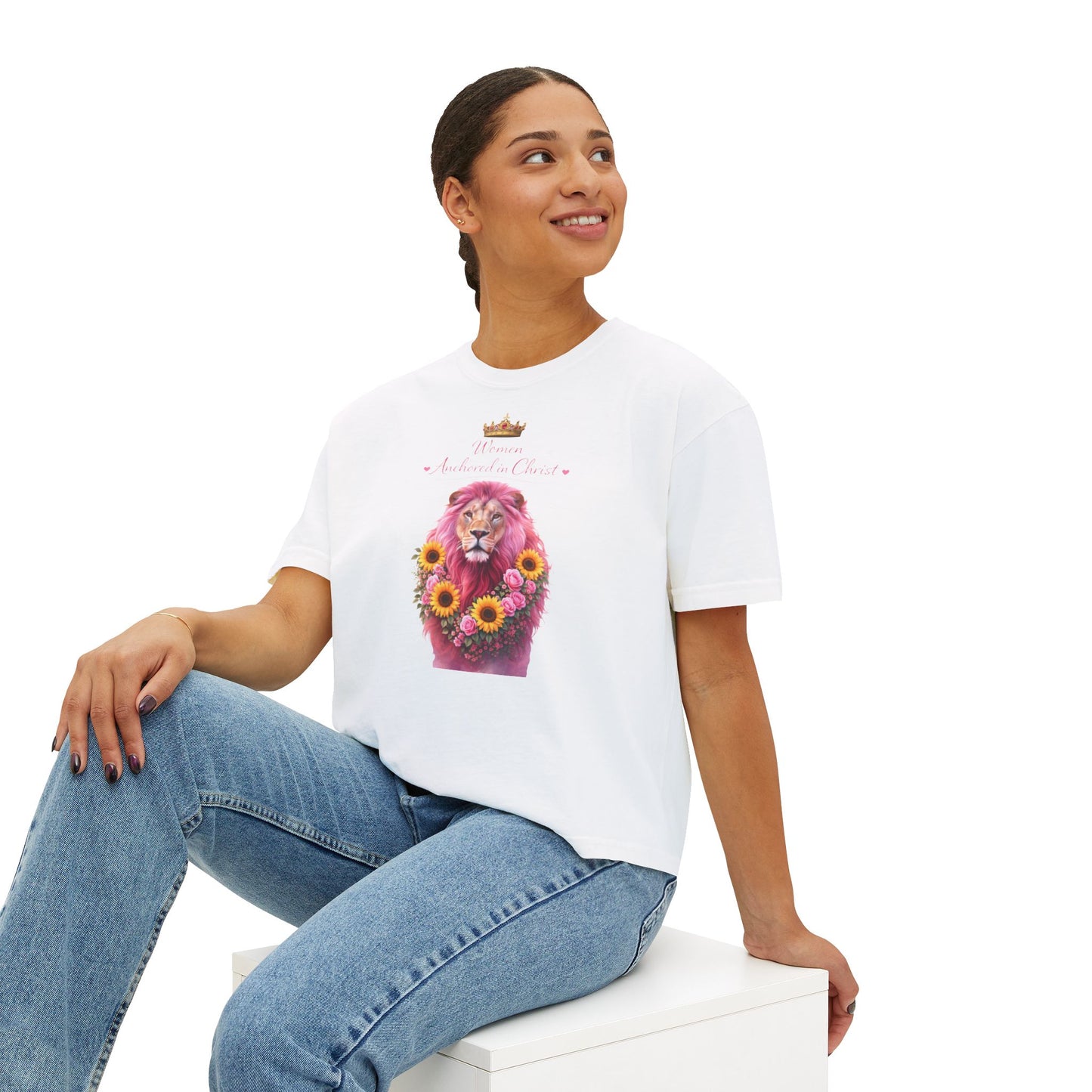 Women's Boxy Tee — 'Woman Anointed & Chosen' Floral Lion Christian Tee (Hebrews 6:19)