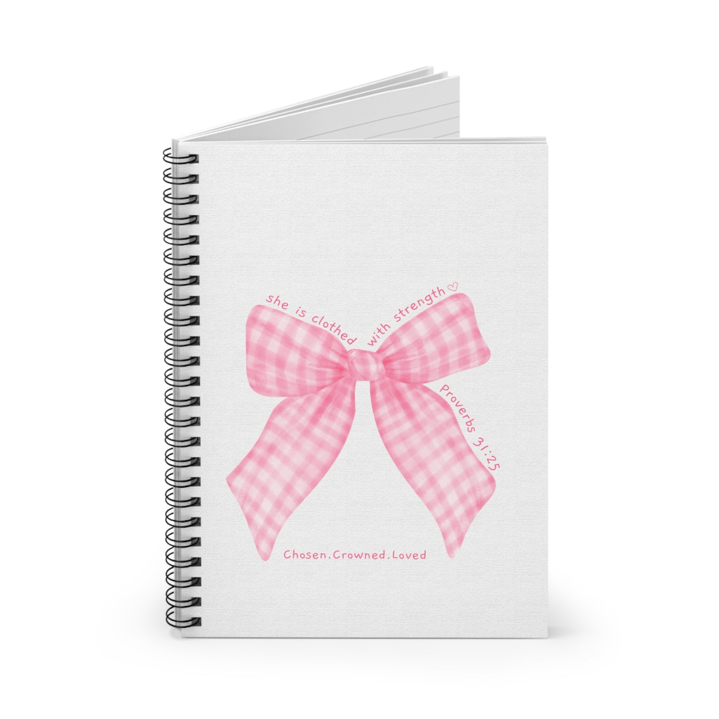 Pink Gingham Bow Spiral Notebook — "Chosen, Crowned, Loved" Christian Journal