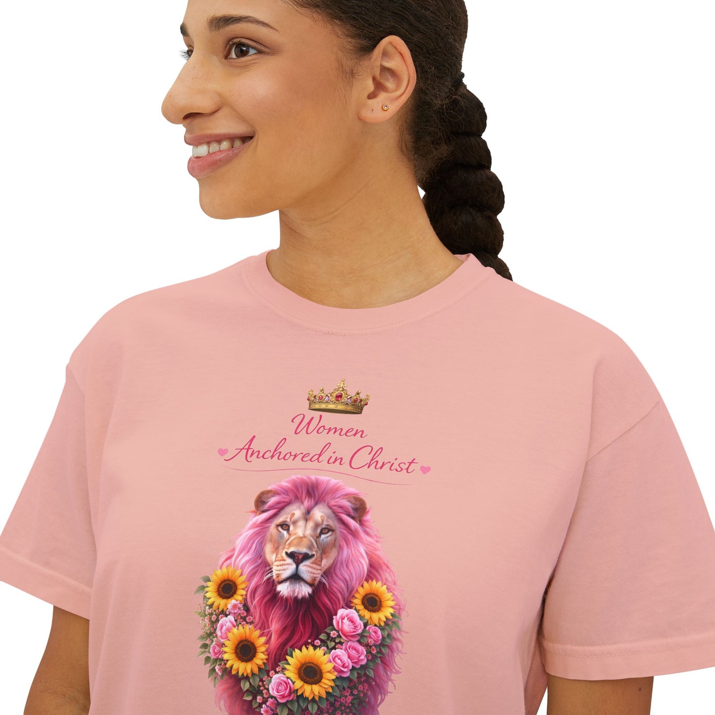 Women's Boxy Tee — 'Woman Anointed & Chosen' Floral Lion Christian Tee (Hebrews 6:19)