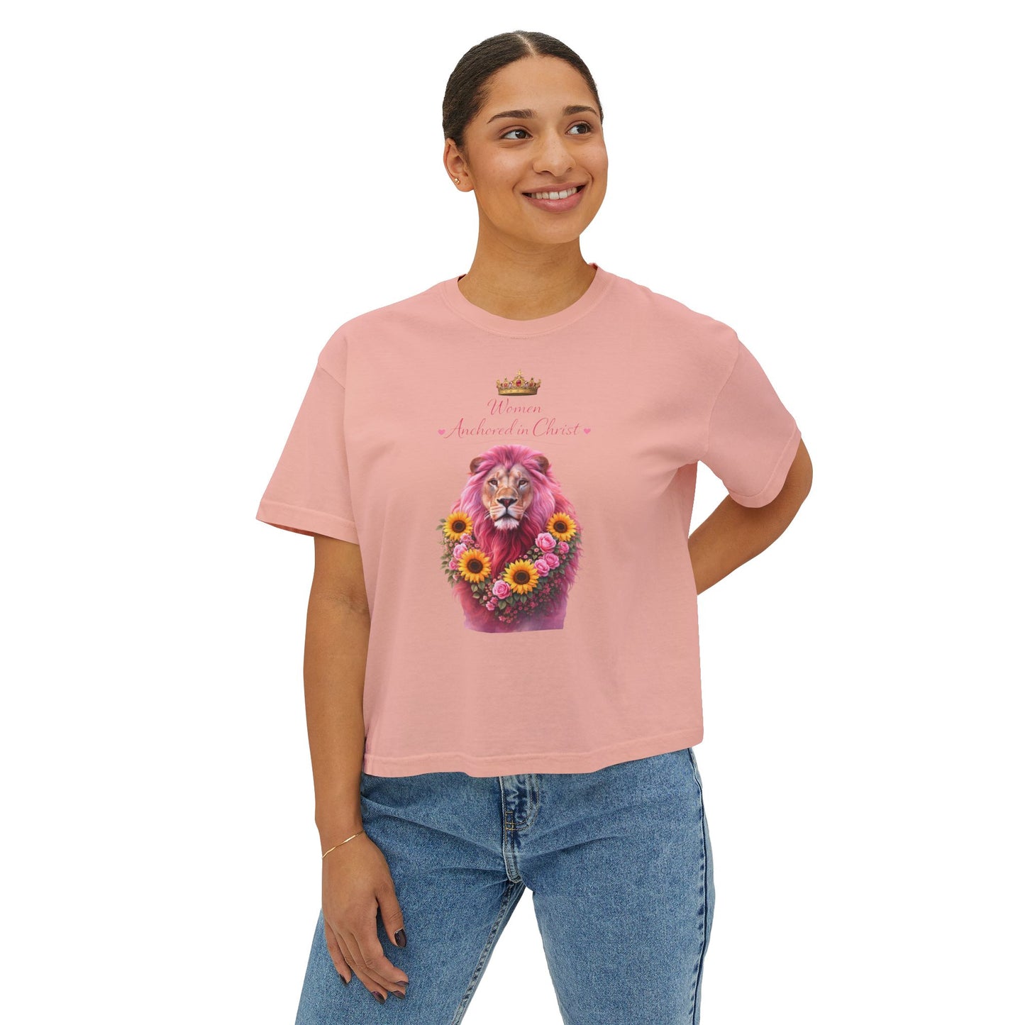 Women's Boxy Tee — 'Woman Anointed & Chosen' Floral Lion Christian Tee (Hebrews 6:19)