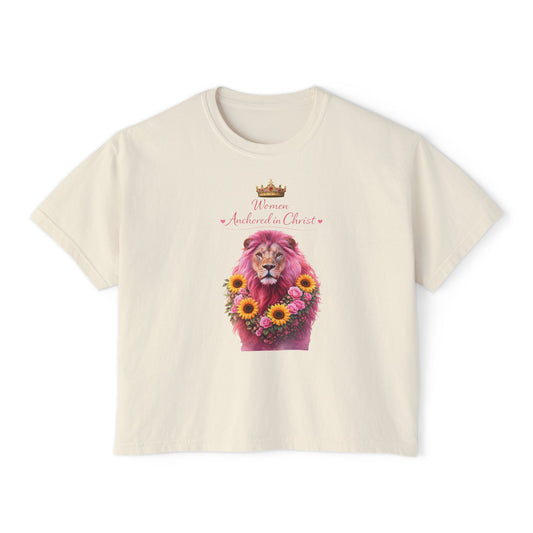Women's Boxy Tee — 'Woman Anointed & Chosen' Floral Lion Christian Tee (Hebrews 6:19)