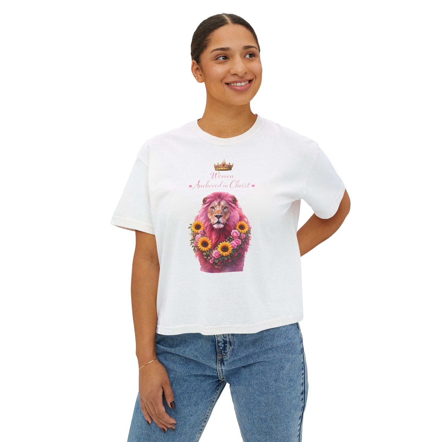 Women's Boxy Tee — 'Woman Anointed & Chosen' Floral Lion Christian Tee (Hebrews 6:19)