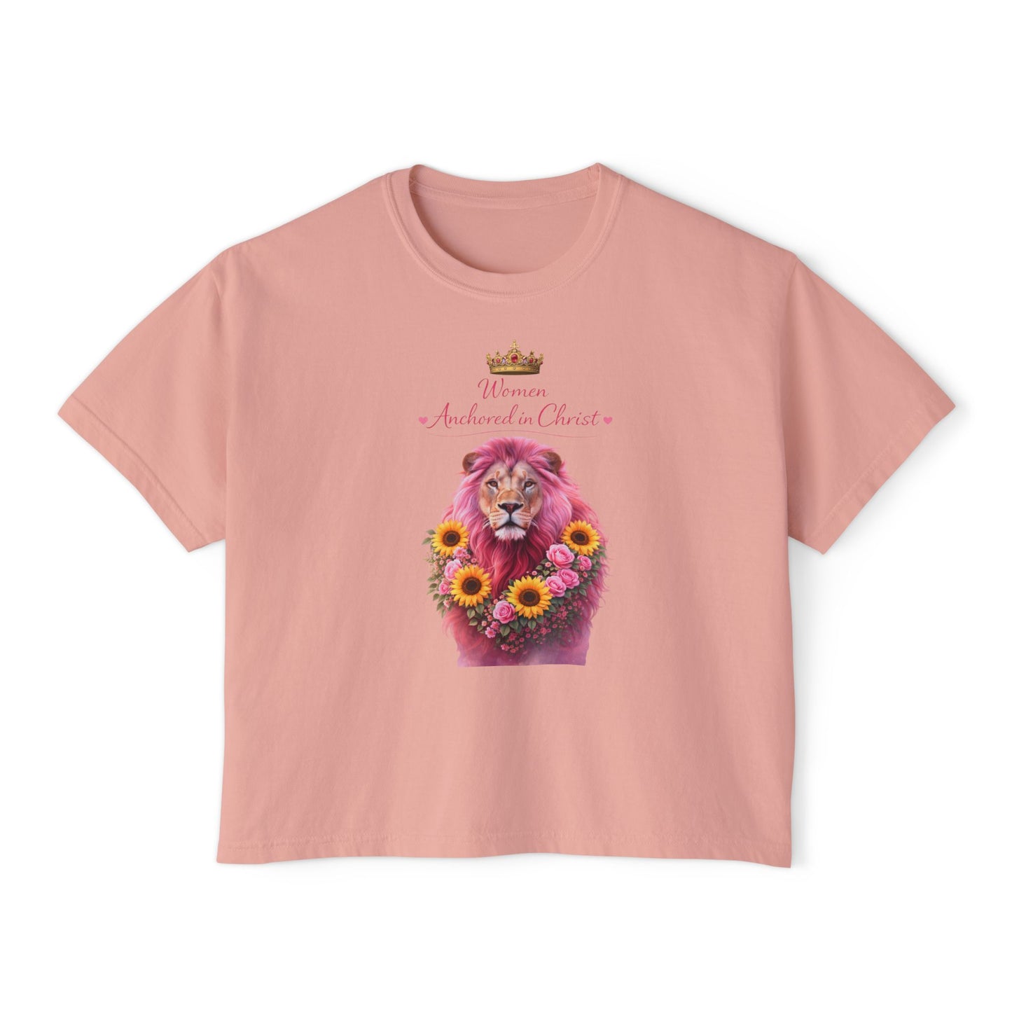 Women's Boxy Tee — 'Woman Anointed & Chosen' Floral Lion Christian Tee (Hebrews 6:19)