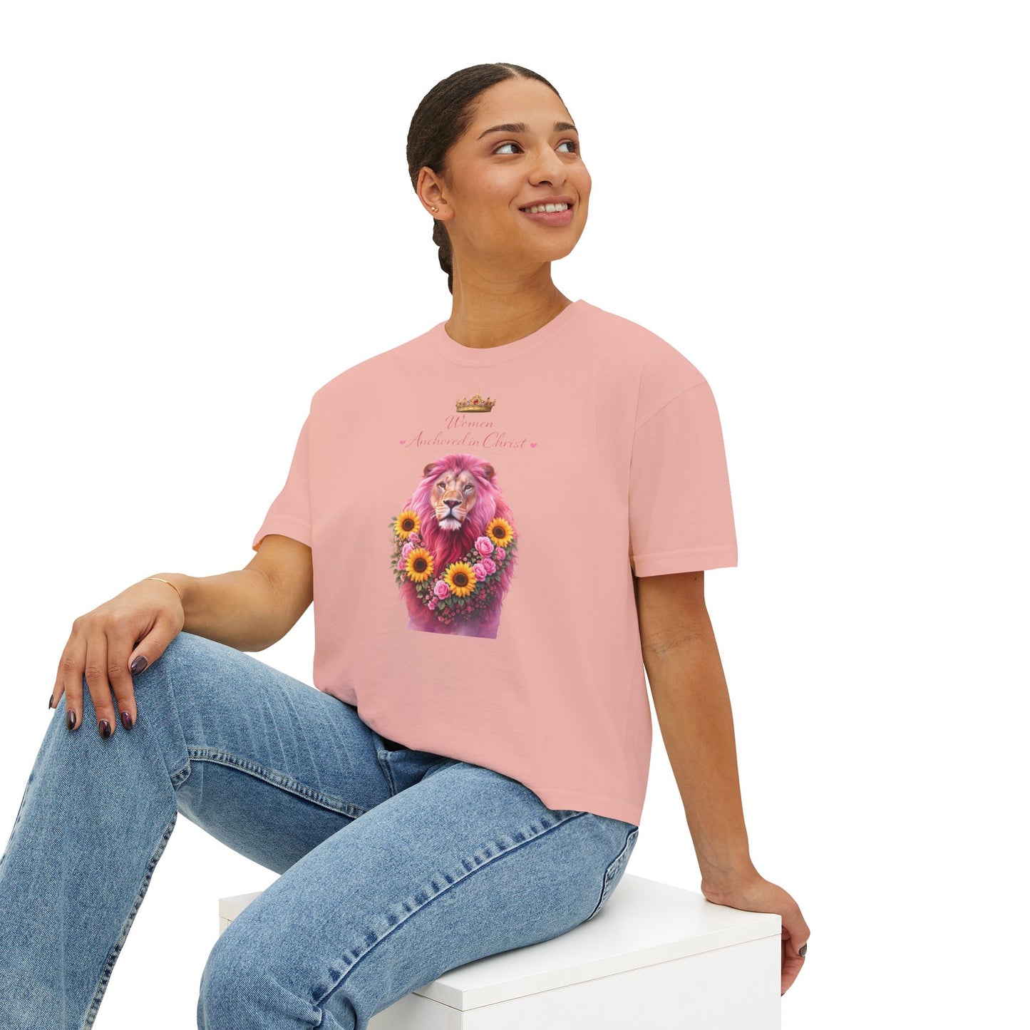 Women's Boxy Tee — 'Woman Anointed & Chosen' Floral Lion Christian Tee (Hebrews 6:19)