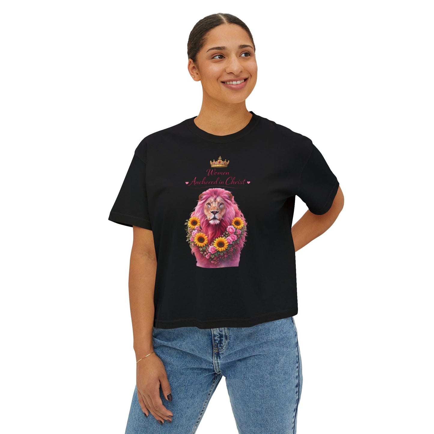 Women's Boxy Tee — 'Woman Anointed & Chosen' Floral Lion Christian Tee (Hebrews 6:19)