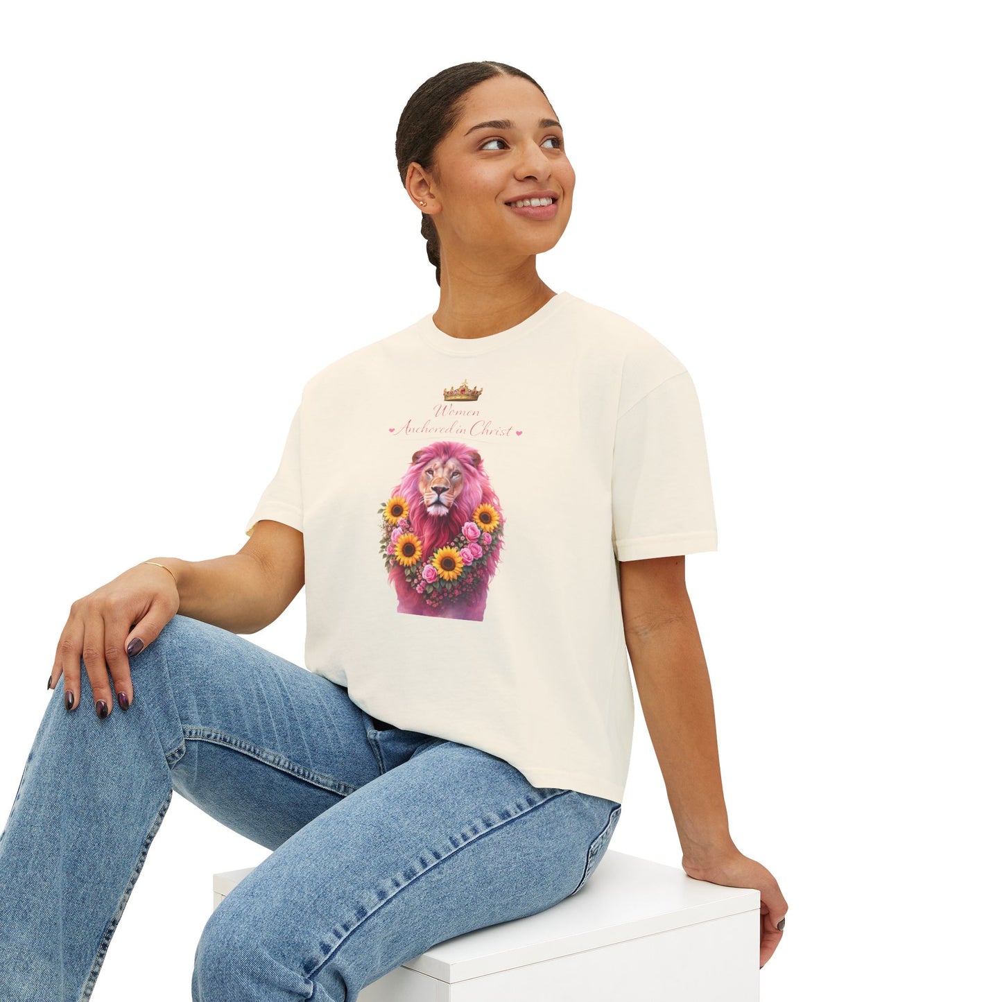 Women's Boxy Tee — 'Woman Anointed & Chosen' Floral Lion Christian Tee (Hebrews 6:19)
